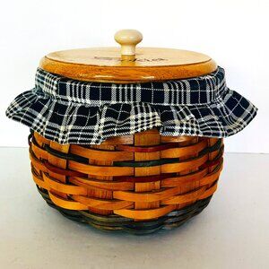 Woven Basket Cookie Jar Wooden Lid Plastic Linner Navy Blue Cotton Fabric Cover